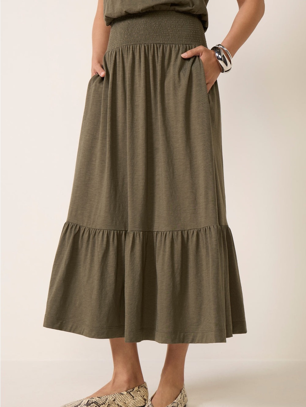 Nation Los Angeles Evonne Cotton Midi Dress Smocked Tiered Olive Green - Picture 3 of 10
